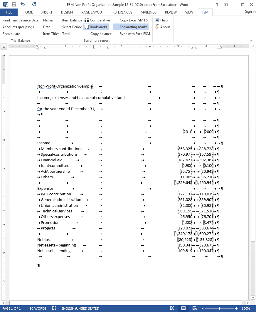 chart of word formatting marks